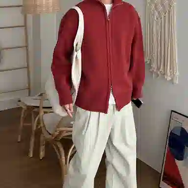 我是大卫 美式立领双拉链开衫长袖针织衫 男女同款 红色