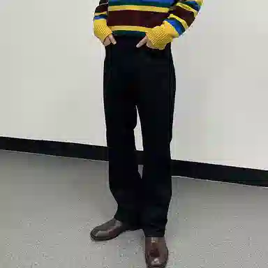 我是大卫 纯色拉链潮牌宽松直筒百搭拖地阔腿牛仔裤 男款 黑色