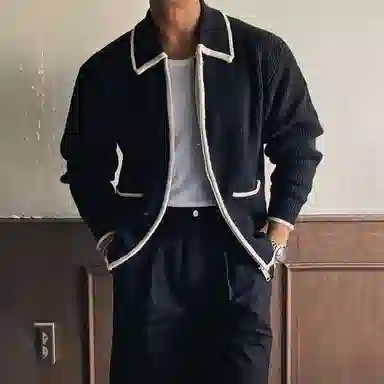 我是大卫 翻领条纹开衫宽松针织衫 男女同款 黑色