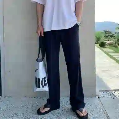 我是大卫 春夏季宽松直筒裤韩版百搭纯色阔腿松紧腰休闲裤 男款 深蓝色