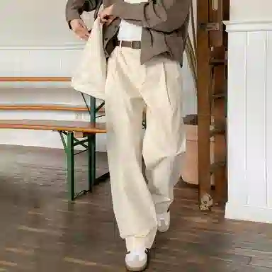 我是大卫 时尚复古百搭直筒垂感拖地休闲裤 男女同款 杏色