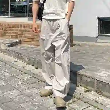 我是大卫 日系原宿风双褶皱抽绳阔腿复古港风秀禾服休闲裤 男女同款 米白色