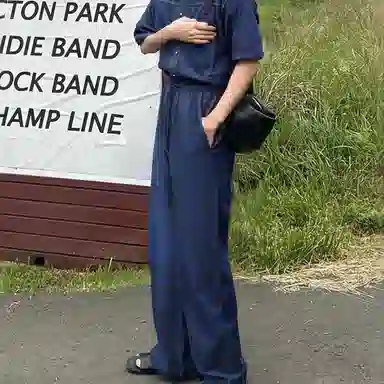 我是大卫 美式复古宽松百搭纯色重工车线拼接水洗工装牛仔裤 通用 蓝色