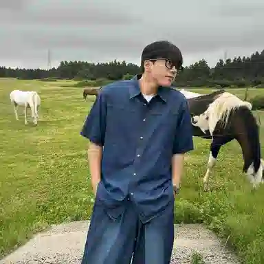 我是大卫 重工车线拼接水洗牛仔短袖衬衣美式复古工装翻领衬衫 通用