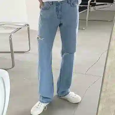 我是大卫 破洞设计宽松休闲直筒牛仔裤 男女同款 浅蓝色