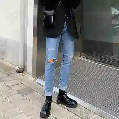 我是大卫 破洞修身中腰拉链牛仔裤 男女同款 蓝色