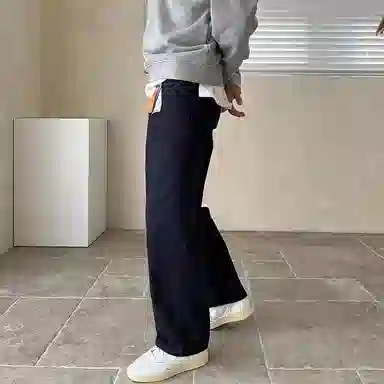 我是大卫 直筒宽松中腰牛仔裤 男女同款 蓝黑色