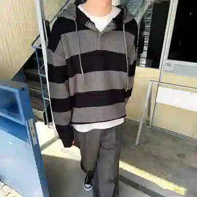 我是大卫 撞色复古拼色条纹宽松高级感拼接韩版卫衣 男女同款