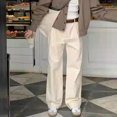 我是大卫 时尚复古百搭直筒垂感拖地休闲裤 男女同款 杏色