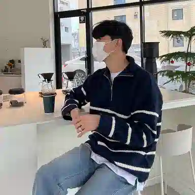 我是大卫 条纹翻领半拉链装饰休闲套头长袖针织衫 男女同款