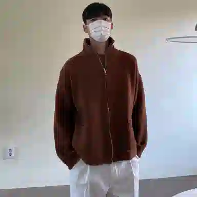 我是大卫 复古拉链口袋开衫保暖基础宽松慵懒风针织衫 男女同款