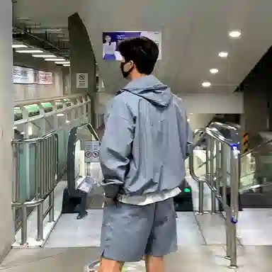 我是大卫 韩版连帽钓鱼防晒服薄款宽松百搭五分短裤休闲运动套装 男款 灰色