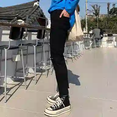 我是大卫 破洞舒适简约时尚百搭九分牛仔裤 男女同款 黑色