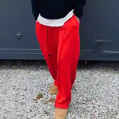 我是大卫 纯色宽松韩版破洞百搭痞帅垂感高街直筒休闲裤 男款 红色