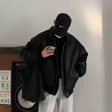 我是大卫 纯色机车服基础潮流个性插兜夹克 韩版 男女同款 黑色