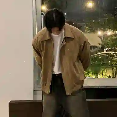 我是大卫 复古短款做旧翻领夹克 男女同款 棕色