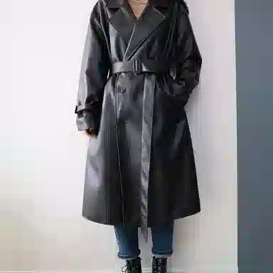 我是大卫 美式个性帅气中长款双排扣韩版宽松百搭皮衣 男女同款 黑色