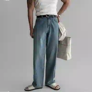 我是大卫 港风复古水洗做旧直筒阔腿裤韩系高级感牛仔裤 男女同款 浅蓝色