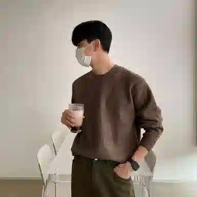 我是大卫 纯色圆领慵懒风简约韩系百搭宽松长袖针织衫 男女同款