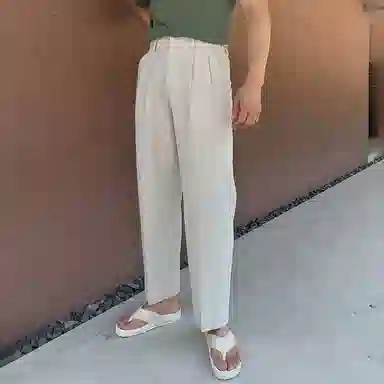 我是大卫 韩版日系双褶皱宽松直筒那不勒斯休闲裤 男女同款 杏色