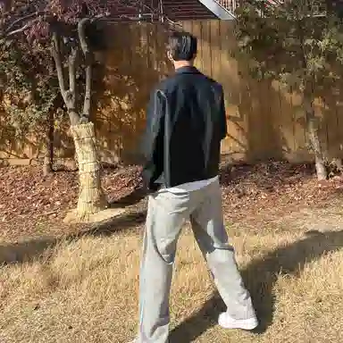 我是大卫 亮面基础款纯色高街翻领皮衣开衫夹克 男女同款 黑色