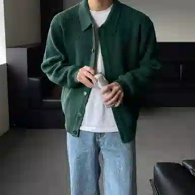 我是大卫 韩版单排扣慵懒风个性开衫纯色针织衫 男女同款