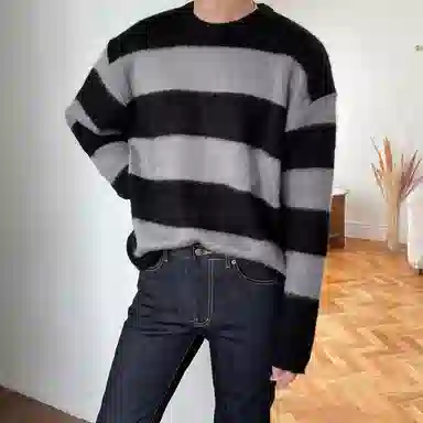 我是大卫 小众设计感百搭韩版高级感时尚休闲宽松针织衫 男女同款 黑灰条纹