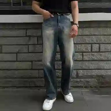 我是大卫 美式复古水洗做旧直筒高街百搭潮牌宽松阔腿牛仔裤 男女同款 深蓝色