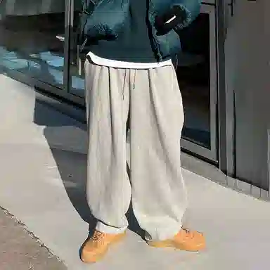 我是大卫 美式高街潮牌宽松灰色重磅松紧腰褶皱直筒休闲裤 男女同款 灰色