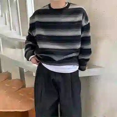 我是大卫 复古感圆领套头针织长袖卫衣 男女同款 黑色条纹