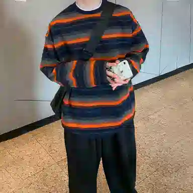 我是大卫 彩色条纹宽松圆领套头针织卫衣 男女同款 橙色