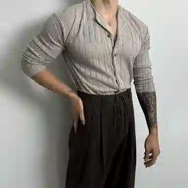 我是大卫 美式复古纯色缕空设计圆领单排扣长袖针织衫 男女同款