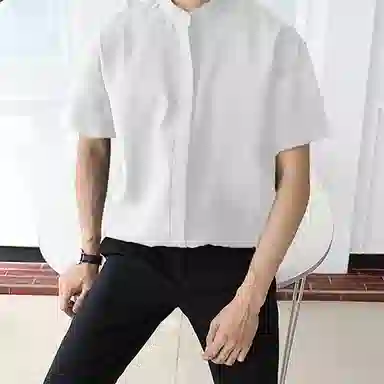 我是大卫 纯色立领复古宽松休闲短袖衬衫 男女同款