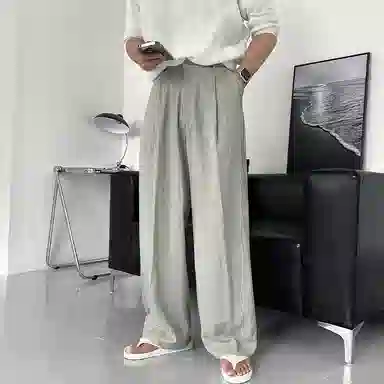 我是大卫 纯色简约直筒垂感休闲裤 男女同款 灰绿色