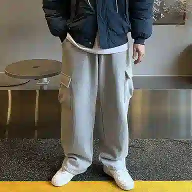 我是大卫 街头慵懒风侧口袋设计宽松阔腿抽绳工装直筒休闲裤 男款 灰色