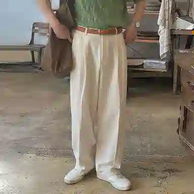 我是大卫 日系纯色简约直筒垂感阔腿宽松休闲裤 男女同款 米白色