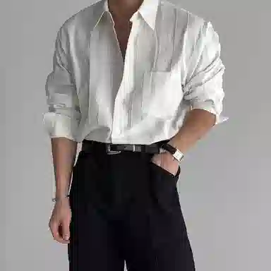 我是大卫 条纹长袖单口袋高级感美式个性百搭宽松休闲衬衣衬衫 男女同款 奶白色