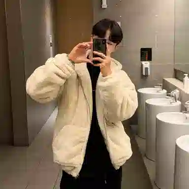 我是大卫 纯色羊羔毛连帽保暖加厚外套夹克 男女同款