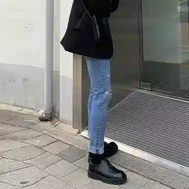 我是大卫 破洞修身中腰拉链牛仔裤 男女同款 蓝色