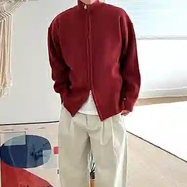 我是大卫 美式立领双拉链开衫长袖针织衫 男女同款 红色