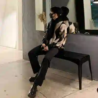 我是大卫 韩版复古菱格撞色几何图案棋盘格拼接针织衫 男女同款