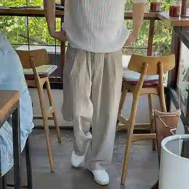 我是大卫 亚麻纯色中腰宽松简约直筒休闲裤 男女同款