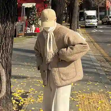 我是大卫 纯色简约羊羔毛保暖加厚休闲夹克外套 男女同款