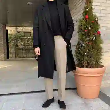 我是大卫 毛呢中长款经典韩版英伦风大衣 男女同款