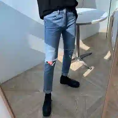 我是大卫 破洞修身中腰拉链牛仔裤 男女同款 蓝色