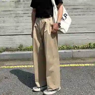 我是大卫 韩版单褶皱直筒百搭设计宽松休闲裤 男女同款 卡其色