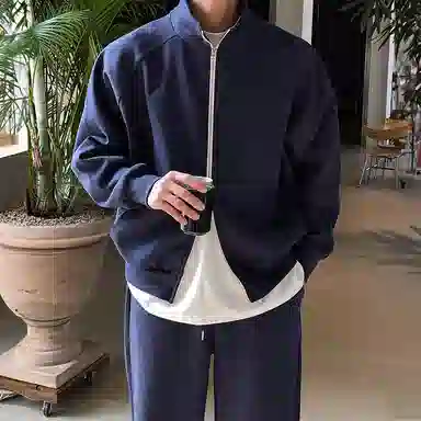 我是大卫 纯色立领双开拉链宽松休闲卫衣 男女同款 深蓝色