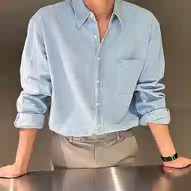 我是大卫 纯色简约经典通勤单排扣长袖衬衫 男女同款 浅蓝色