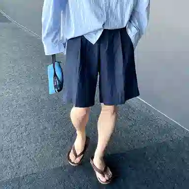 我是大卫 日系复古宽松速干松紧腰中裤高级感直筒休闲短裤 男款 蓝色