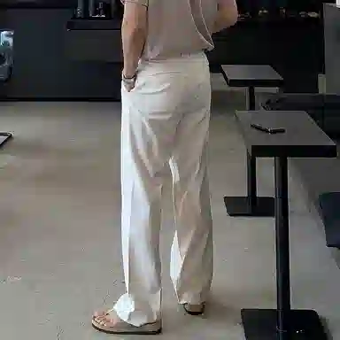 我是大卫 亚麻纯色高腰简约垂感直筒宽松休闲裤 男女同款 深米色